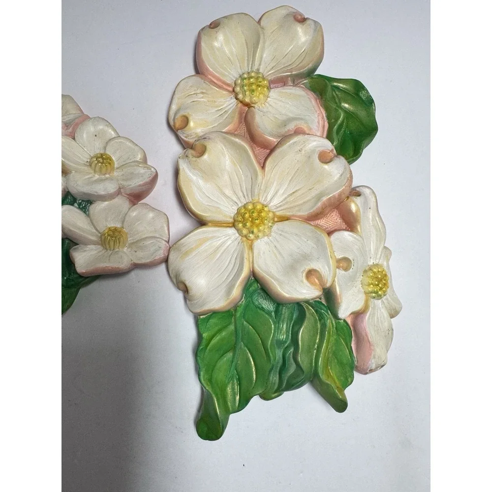 Vintage 1968 Miller Studio Dogwood Flower Chalkware‎ Wall Plaques Set of 2 MCM